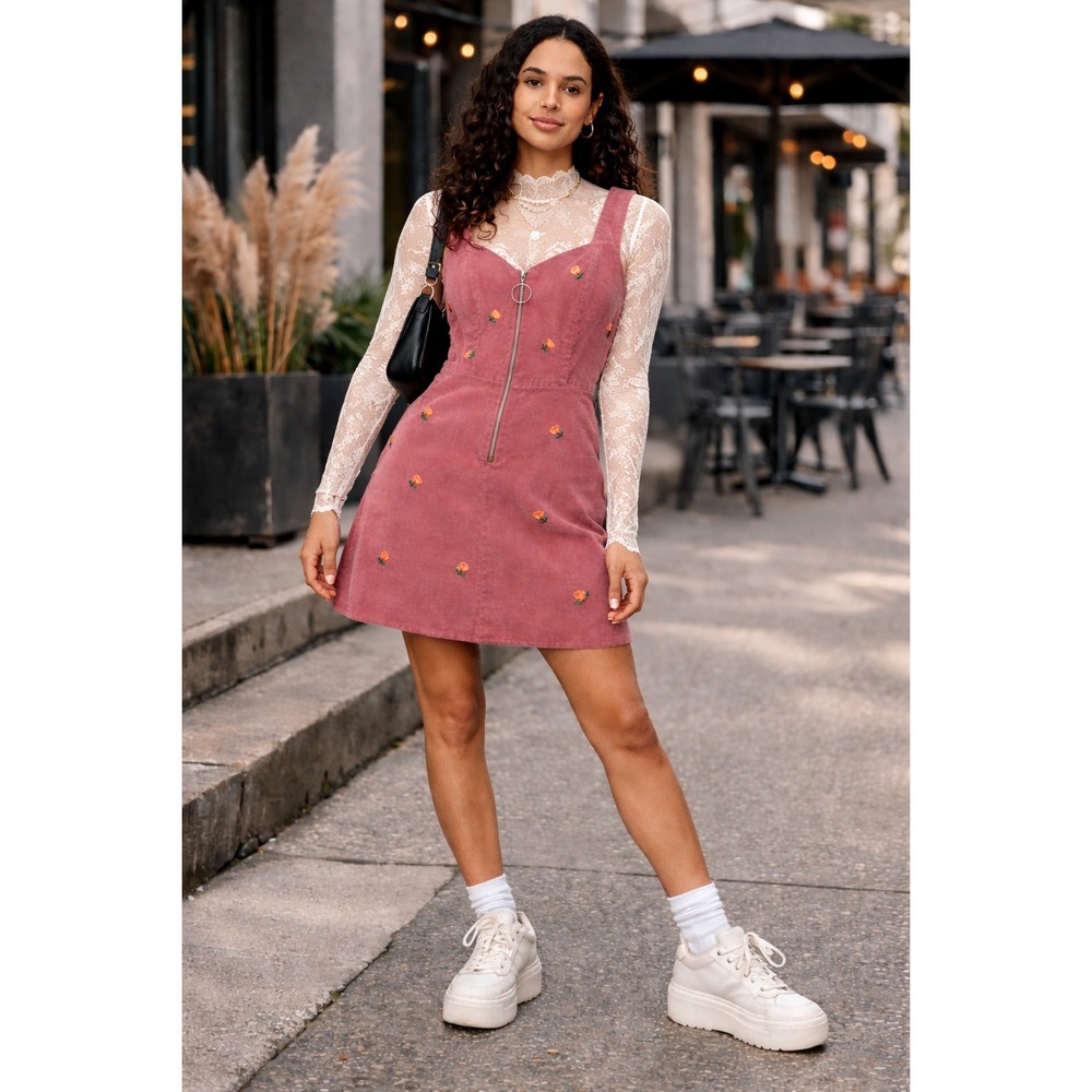 TOPSHOP Pink Corduroy Embroidered Rose Pinafore Dress‎